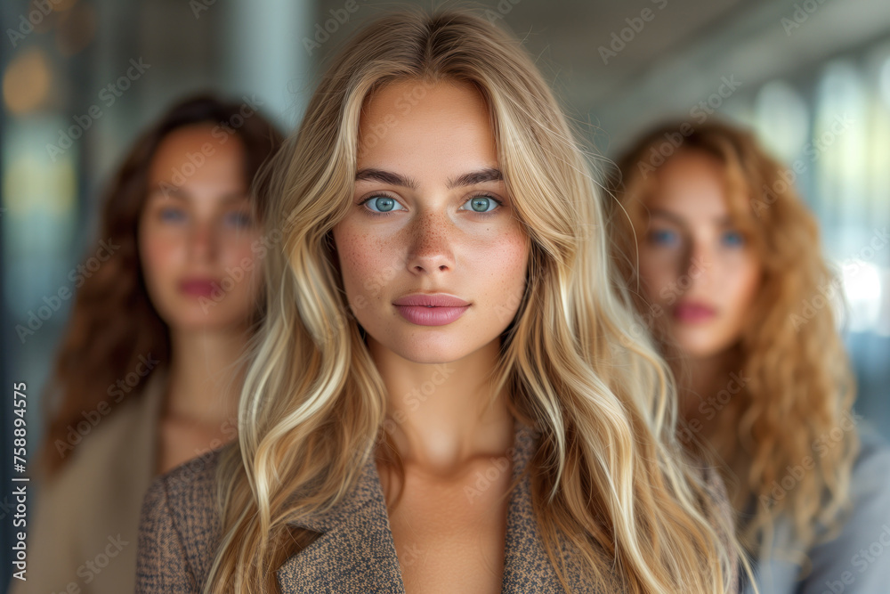 A young stylish blonde businesswoman in a formal business suit looks confidently directly against the background of her two female colleagues. Business women concept A young stylish blonde businesswoman in a formal business suit looks confidently directly against the background of her two female colleagues. Business women concept