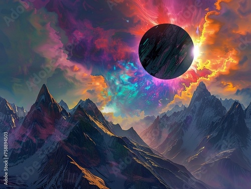 Mountainous terrain under a total solar eclipse, luminism at play with vivid colors and dramatic contrasts
