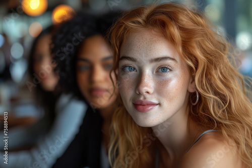 A young red-haired freckled girl, with curly hair, at a meeting with friends of different races, who are out of focus. Female friendship concept between women of different races