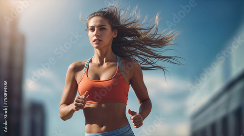 Fit Young Caucasian Woman with Flowing Hair Running Outdoors, Exemplifying Health and Endurance against a Blue Sky