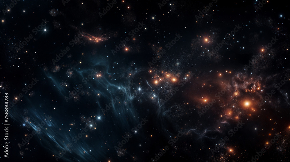 Image depicts space packed with numerous stars and interstellar dust. Stars shine brightly against backdrop of dark expanse, while dust particles add depth and dimension to scene