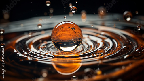 A clear and round water droplet is shown descending into a body of water, creating ripples upon impact. The droplet appears to be merging seamlessly with the water below photo