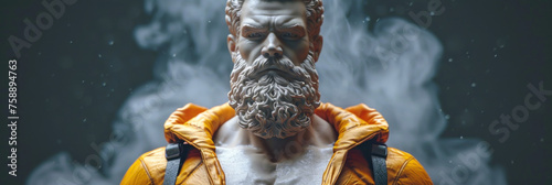 An antique statue of a brutal bearded man in a modern rain jacket against a background of smoke. Concept of a strong-willed male traveler, athlete or student. Banner with a character in the center
