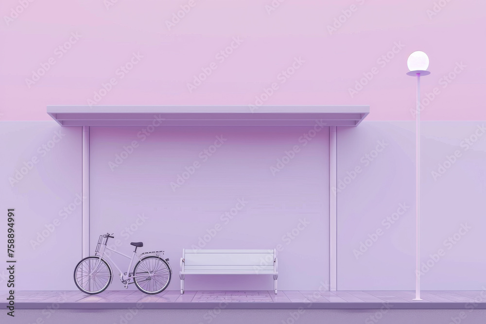 City bus stop and bicycle street light on pastel purple background. City bus stop and bicycle street light on pastel purple background.