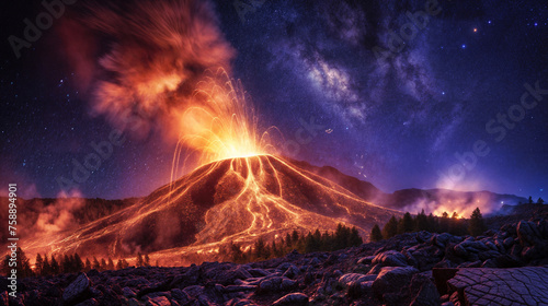 A volcano violently erupts, spewing hot lava into the dark night sky
