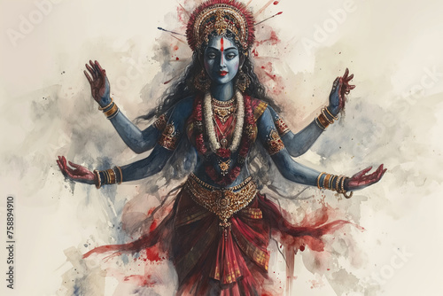 Hindu goddess Kali, the four-armed wrathful form of goddess Parvati. Consort of Lord Shiva. Other forms: Gauri, Bhavani, Durga. In the style of watercolor paints on a white background photo
