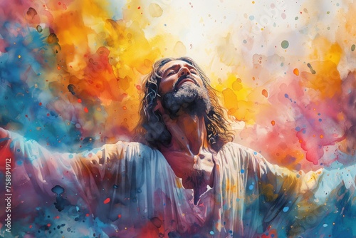 Jesus Christ, with his eyes closed, raises his hands to the sky, coming into a state of bliss, against a multi-colored rainbow background. Watercolor style. Easter concept