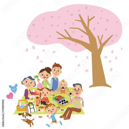 桜の木の下でピクニックを楽しんでいる三世代家族
