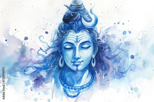 The Hindu Lord Shiva closed his eyes, arriving in a divine state of samadhi. Portrait in watercolor style on a white background photo