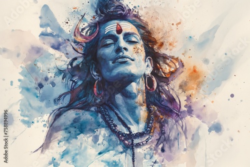 The Hindu Lord Shiva closed his eyes, arriving in a divine state of samadhi. Portrait in watercolor style on a white background