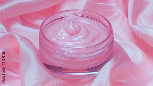 A cosmetic clear liquid transparent cream with hyaluronic acid. A pink skin care product with hyaluronic acid.