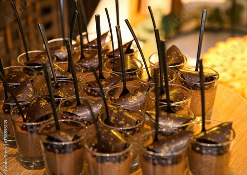Mini chocolate dessert served at a buffet table.