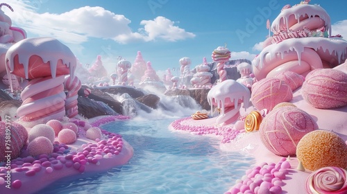 A 3D candy land adventure, with sweets swarming around for a magical confectionery campaign photo