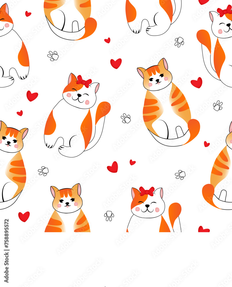 Seamless pattern with many different red cats on white background. Vector illustration for children. Seamless pattern with many different red cats on white background. Vector illustration for children.