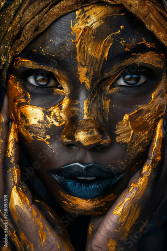 una mujer con pintura dorada en la cara y las manos