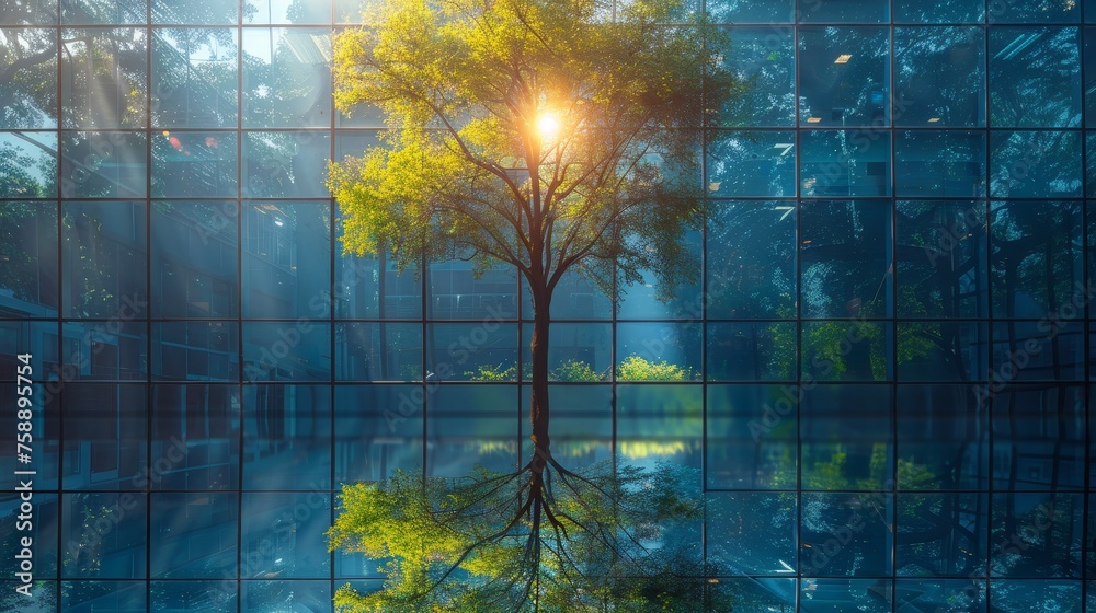 Green tree and glass office building reflecting sunlight on glass. A harmony of nature and modernity.