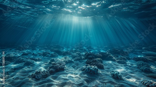 Deep Abyss Underwater With Blue Sun Light
