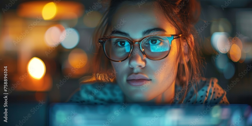 developer at work, woman writing code in front of a screen wearing glasses developer at work, woman writing code in front of a screen wearing glasses