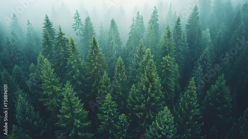 Aerial view of a misty pine forest with dense larch trees  evergreen foliage  and grassy undergrowth in a natural temperate broadleaf mixed forest landscape