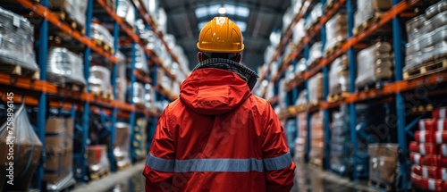 In aisle between tall racks of packed goods, warehouse workers wearing hardhats and reflective jackets are waking up, back view