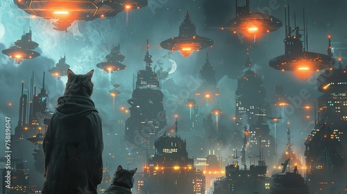 A sci-fi city defended by an army of telepathic cats against alien invaders