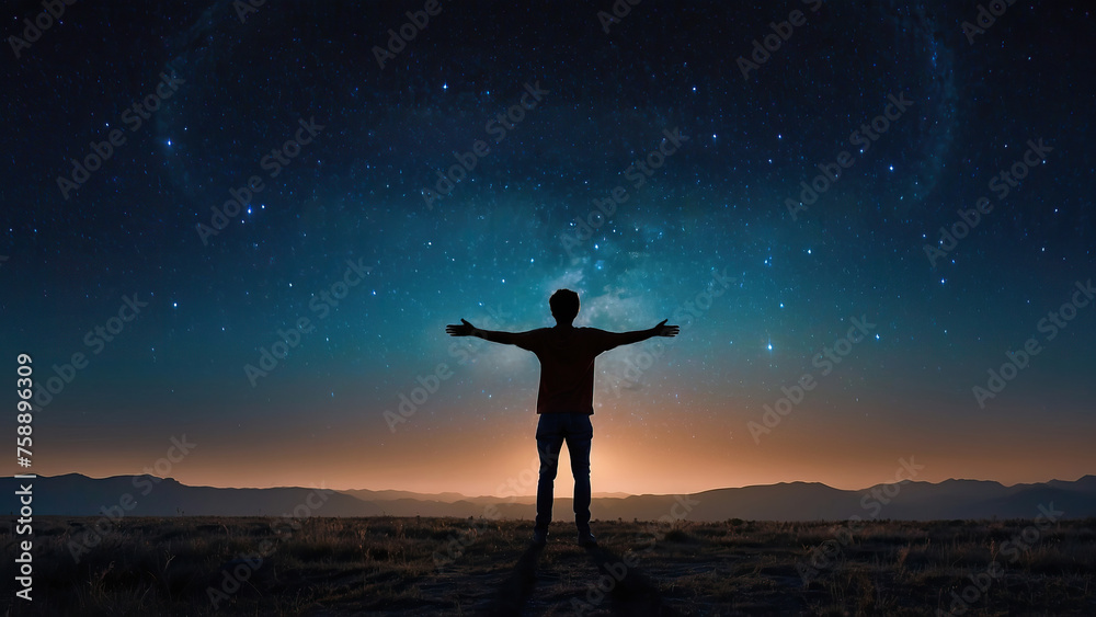 silhouette of a person against the background of the night starry sky - obrazy, fototapety, plakaty 