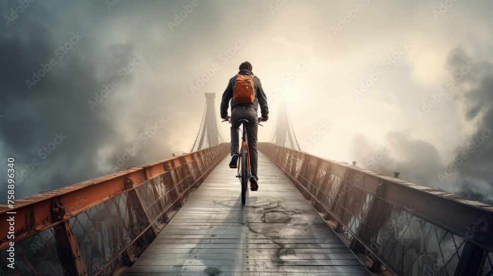 silhouette of biker on Bridge at sunset