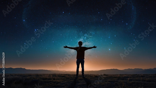 silhouette of a person against the background of the night starry sky