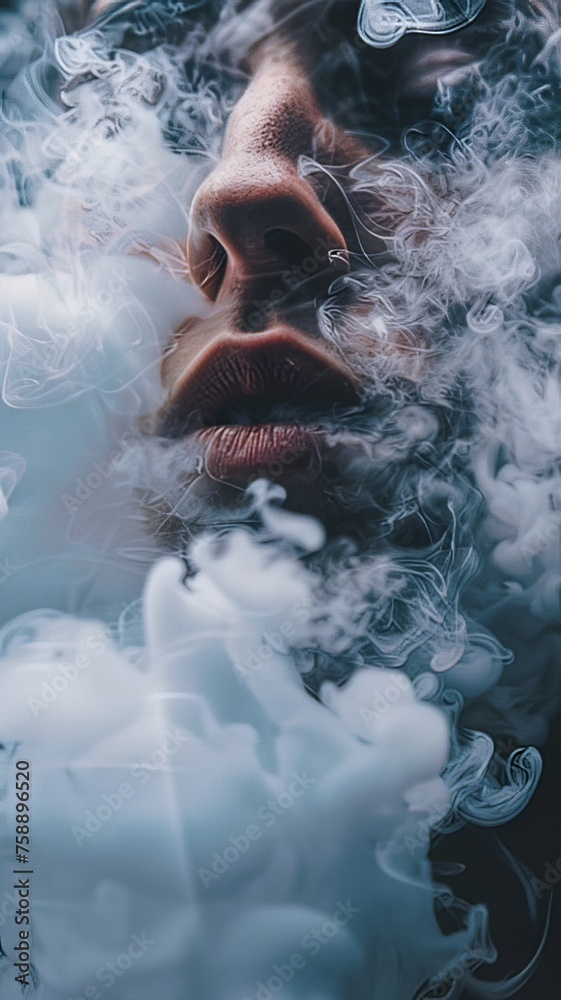 Vertical AI illustration close-up of a smoking individual. Social problem concept.