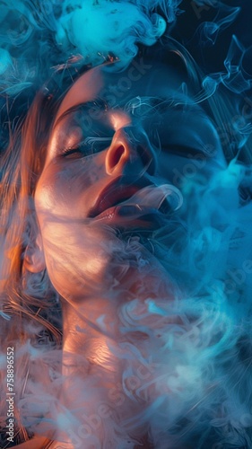 Vertical AI illustration serene woman smoking in hazy light. Social problem concept.