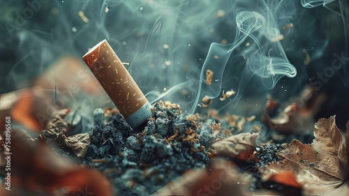 Horizontal AI illustration extinguished cigarette in ash. Social problem concept. photo