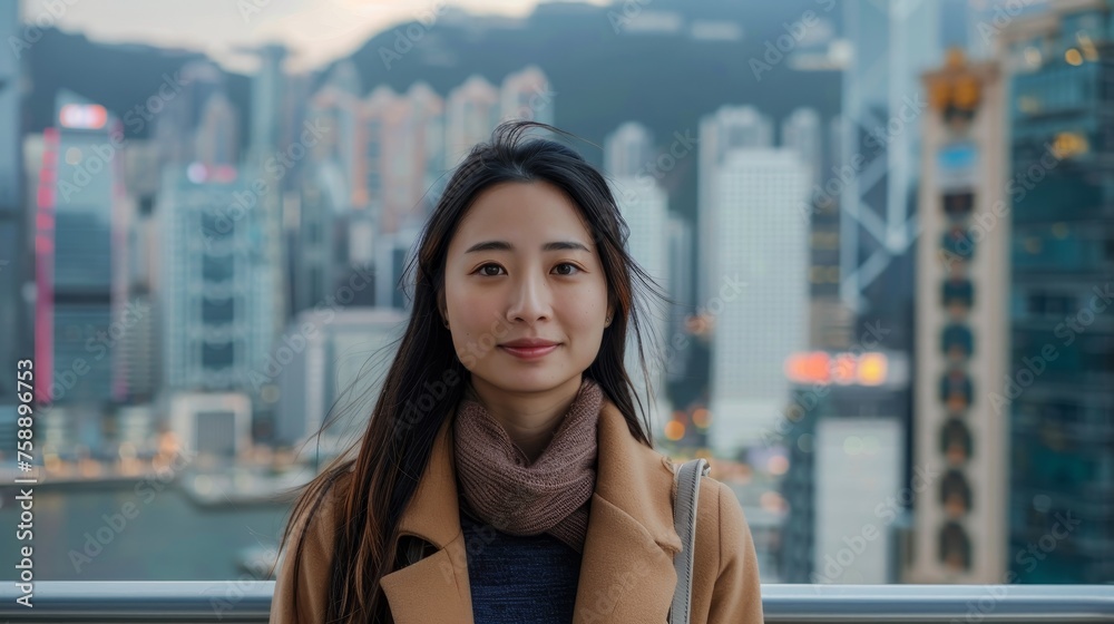 The city is in the background. A young Asian woman stands in front of it.