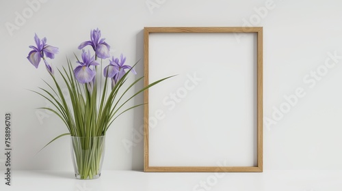 Standing empty wooden frame with purple flowers in a clear glass vase on a white wall. mockup © Trident