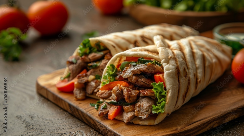 Delicious Greek gyros wrapped in pita bread. Shawarma, grilled pita on dark background. With fresh meat and vegetables. Delicious Greek gyros wrapped in pita bread. Shawarma, grilled pita on dark background. With fresh meat and vegetables.