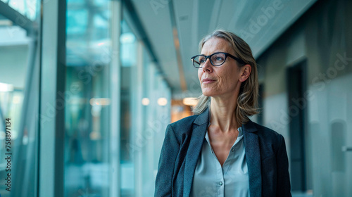 una mujer ejecutiva con gafas, en un edificio laboral frente a un ventanal de cristal photo