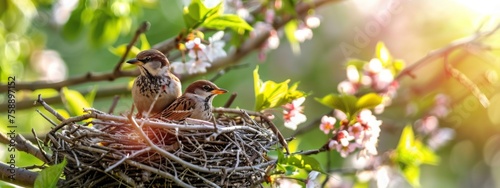 Cozy heart shaped nest with two sparrow birds. Modern private country house in spring cherry blossom garden background. Real estate, moving home or renting property concept. Panorama with copy space. photo