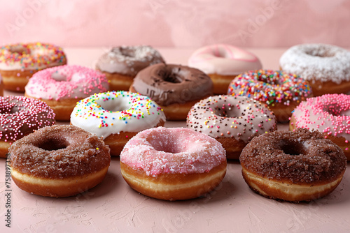 Sweet Symmetry Pink Donuts Stacked with Precision Sugary Serenade Colourful Donuts in a Towering Ensemble Eye Candy Vibrant Donuts Stacked for Visual Delight 