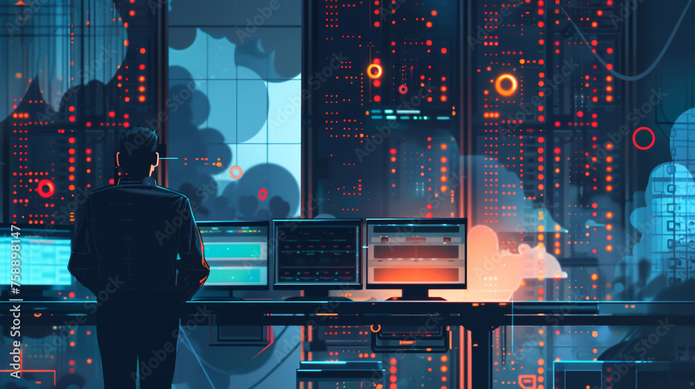 A cybersecurity system administrator oversees cloud server operations from the data center, ensuring their smooth functioning. - obrazy, fototapety, plakaty 