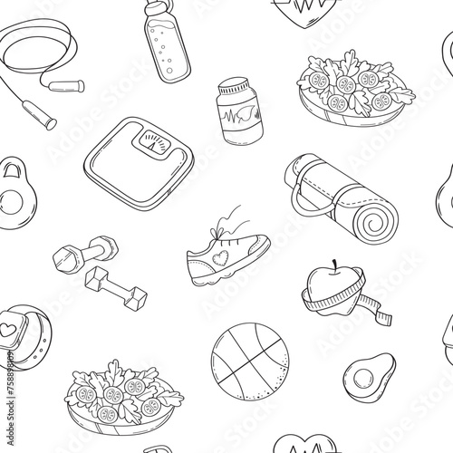 Healthy lifestyle seamless pattern. Sport equipment, fitness accessories and diet food elements in doodle style on white background. Hand drawn vector illustration.