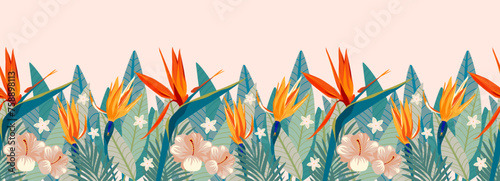 Tropical flower seamless border pattern with pastel color hibiscus, orange and yellow strelitzia, frangipani and green fern leaf horizontal background, hand drawing illustration