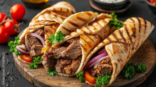 Delicious Greek gyros wrapped in pita bread. Shawarma, grilled pita on dark background. With fresh meat and vegetables. 