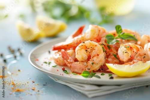 Grilled shrimp on plate with lemon and herbs, blue, a splash of gourmet spices creating a fresh and inviting dish.