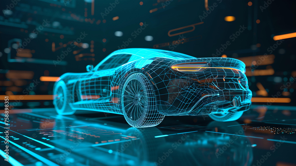 Futuristic Holographic Car Wireframe, sports car, design, technology, display