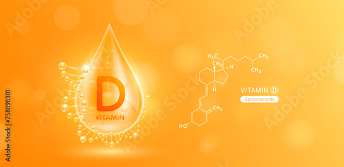 Drop water serum solution vitamin D or Secosteroids surrounded by DNA and chemical structure. Vitamins complex with molecule atom from nature orange. Nutrition skin care cosmetics banner. Vector.