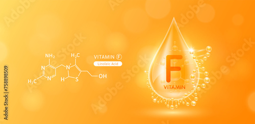 Drop water serum solution vitamin F or Linoleic Acid surrounded by DNA and chemical structure. Vitamins complex with molecule atom from nature orange. Nutrition skin care cosmetics banner. Vector. photo