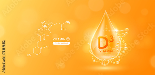 Drop water serum solution vitamin D3 or Cholecalciferol surrounded by DNA and chemical structure. Vitamins complex with molecule atom from nature orange. Nutrition skin care cosmetics banner. Vector.