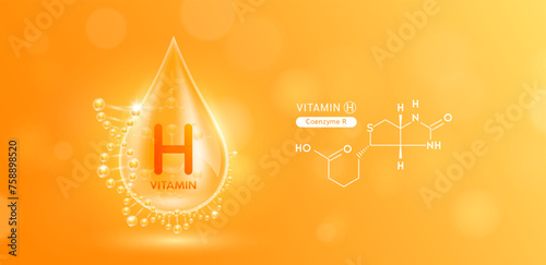 Drop water serum solution vitamin H or Coenzyme R surrounded by DNA and chemical structure. Vitamins complex with molecule atom from nature orange. Nutrition skin care cosmetics banner. Vector.