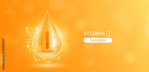 Drop water serum solution vitamin I surrounded by DNA. Vitamins complex with molecule atom from nature orange. Nutrition skin care cosmetics banner. Vector.