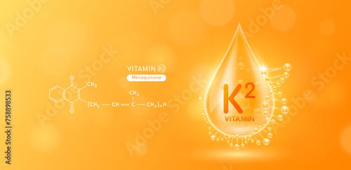 Drop water serum solution vitamin K2 or Menaquinone surrounded by DNA and chemical structure. Vitamins complex with molecule atom from nature orange. Nutrition skin care cosmetics banner. Vector.
