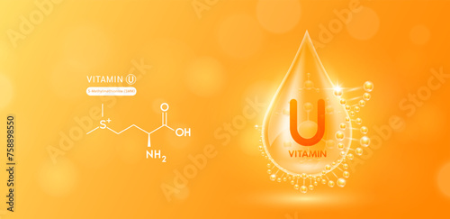 Drop water serum solution vitamin U surrounded by DNA and chemical structure. Vitamins complex with molecule atom from nature orange. Nutrition skin care cosmetics banner. Vector.